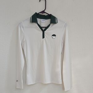White Long Sleeve Polo Shirt with Green Accents